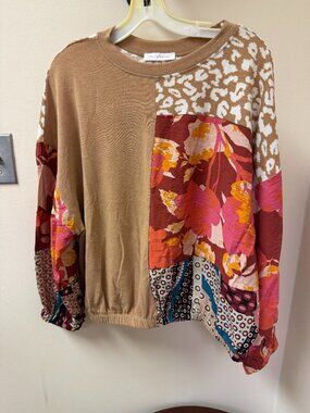 Ces Femme Women's Mixed Print Patchwork Top Medium Boho Floral Leopard Colorbloc